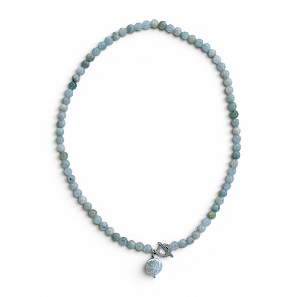 Handcrafted Neptune aquamarine and freshwater coin pearl necklace in sterling silver