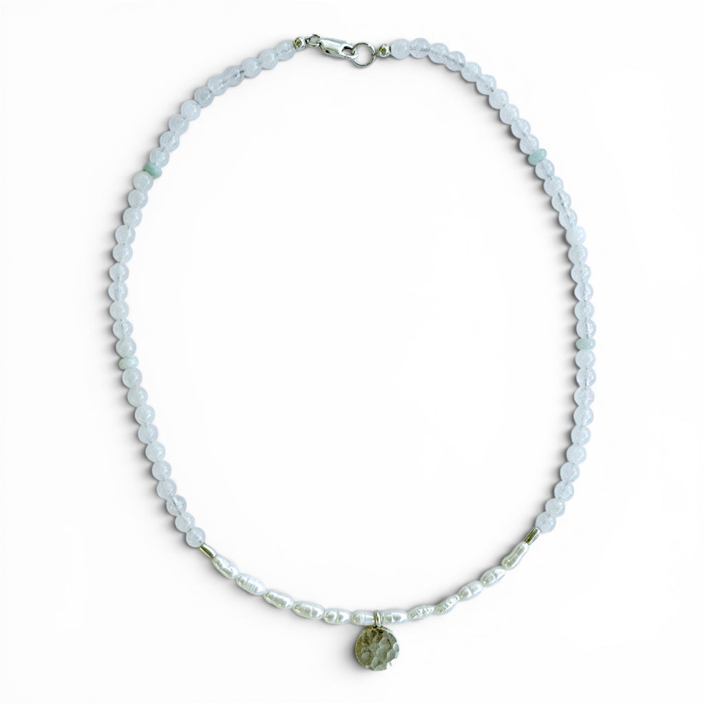 Lunaria sterling silver necklace with white chalcedony, freshwater rice pearls, green aventurine and a hammered sterling silver coin pendant