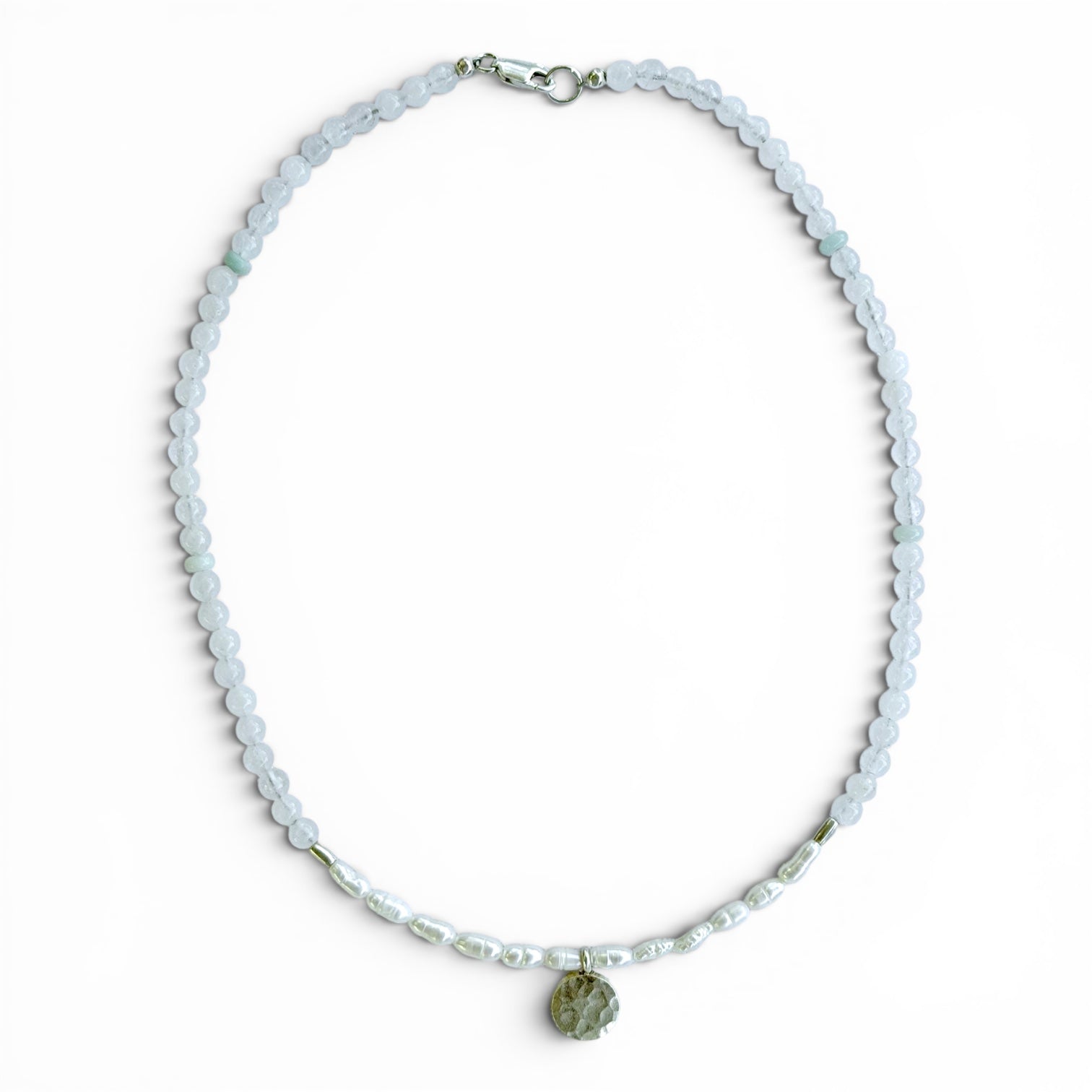 Lunaria sterling silver necklace with white chalcedony, freshwater rice pearls, green aventurine and a hammered sterling silver coin pendant
